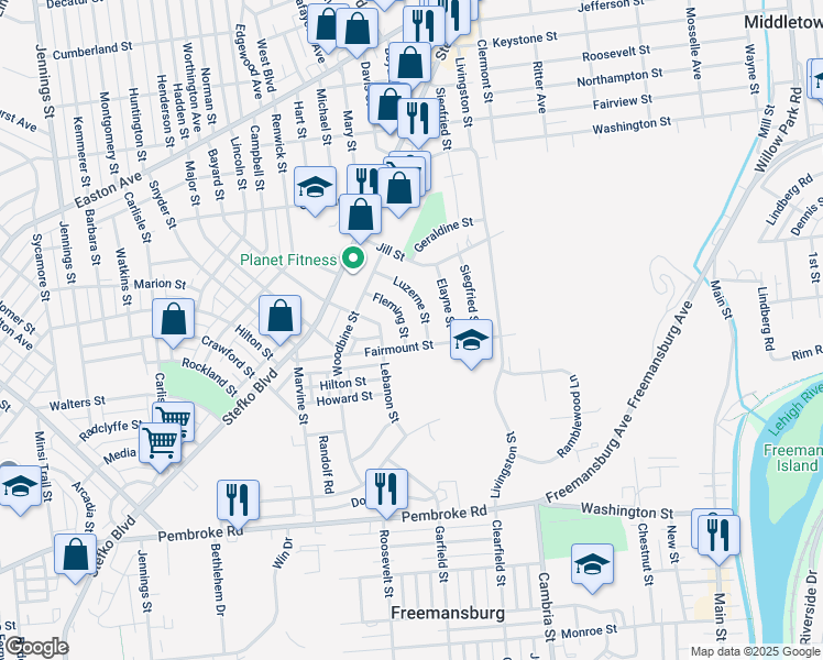 map of restaurants, bars, coffee shops, grocery stores, and more near 1516 Fleming Street in Bethlehem