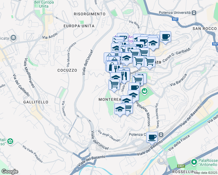 map of restaurants, bars, coffee shops, grocery stores, and more near Via Emanuele Viggiani in Potenza