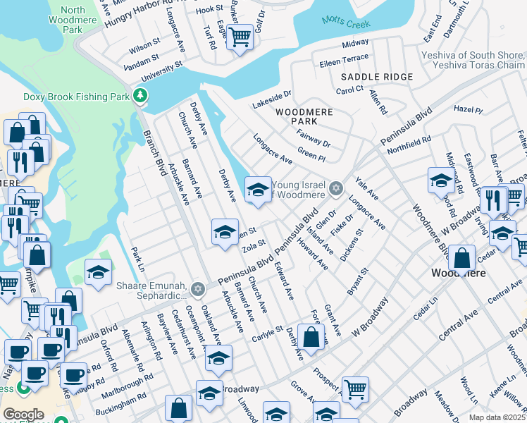 map of restaurants, bars, coffee shops, grocery stores, and more near 700 Ibsen Street in Woodmere