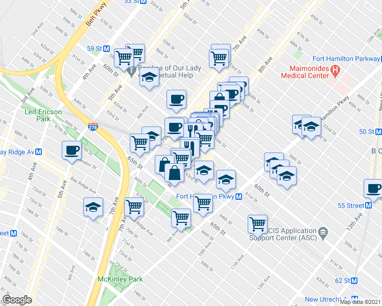 map of restaurants, bars, coffee shops, grocery stores, and more near 6102-6106 8th Avenue in Brooklyn