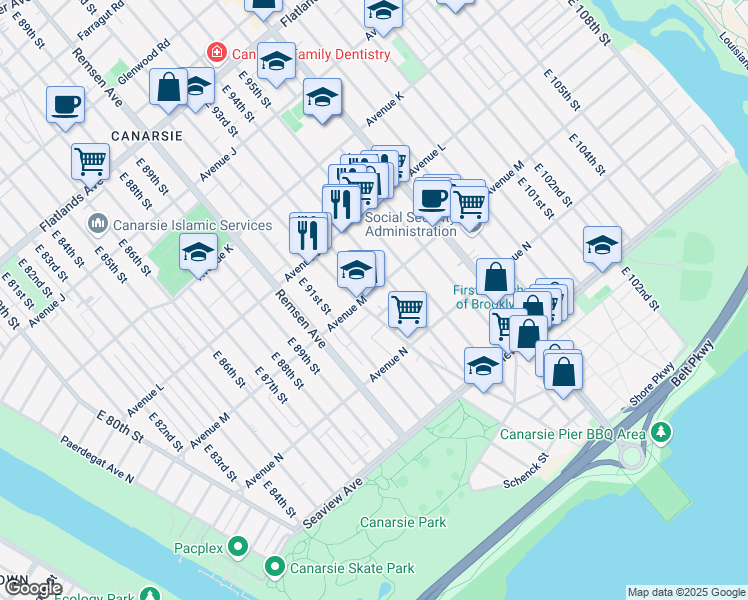 map of restaurants, bars, coffee shops, grocery stores, and more near 9308 Avenue M in Brooklyn