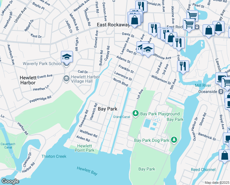 map of restaurants, bars, coffee shops, grocery stores, and more near 16 Hewlett Point Avenue in East Rockaway