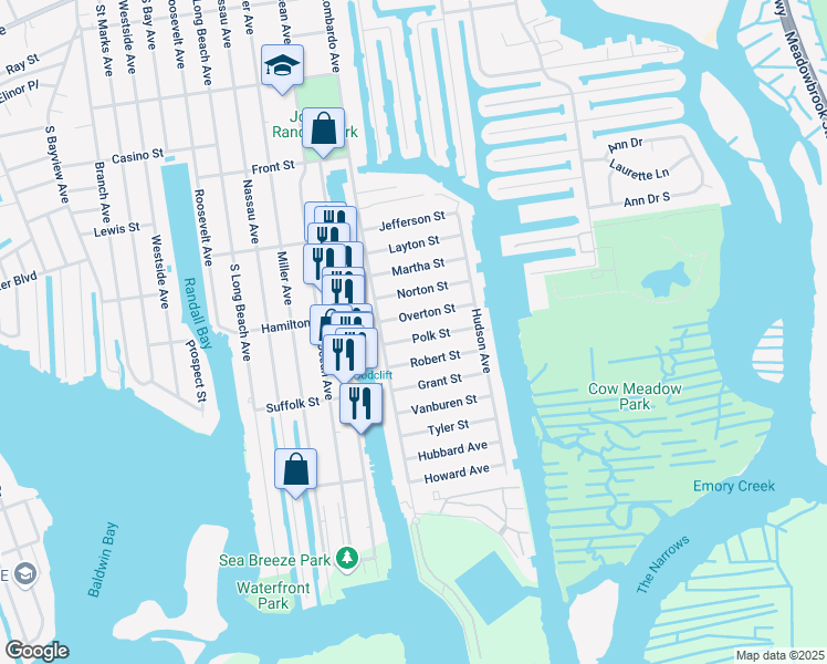 map of restaurants, bars, coffee shops, grocery stores, and more near 34 Polk Street in Freeport