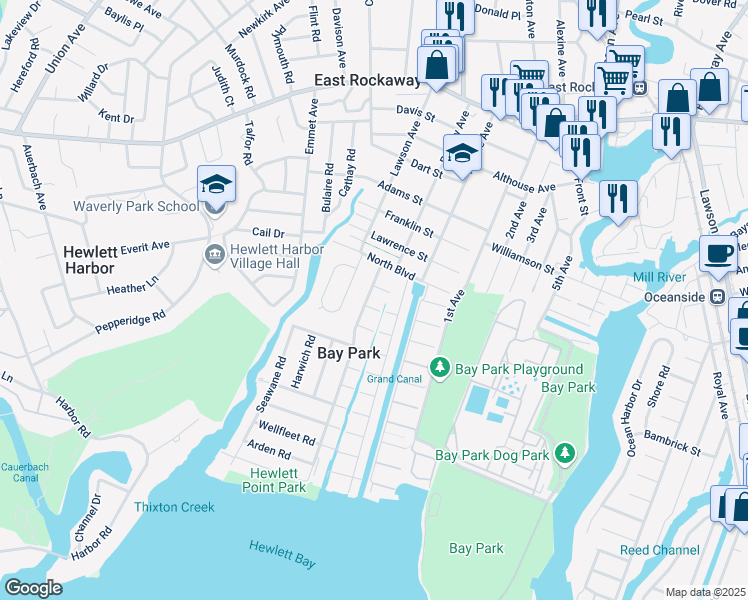 map of restaurants, bars, coffee shops, grocery stores, and more near 16 Hewlett Point Avenue in East Rockaway