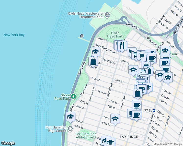 map of restaurants, bars, coffee shops, grocery stores, and more near 7243 Shore Road in Brooklyn