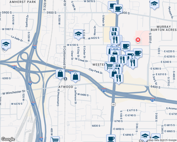 map of restaurants, bars, coffee shops, grocery stores, and more near 117 Clay Park Drive in Murray