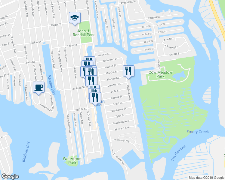 map of restaurants, bars, coffee shops, grocery stores, and more near 34 Polk Street in Freeport