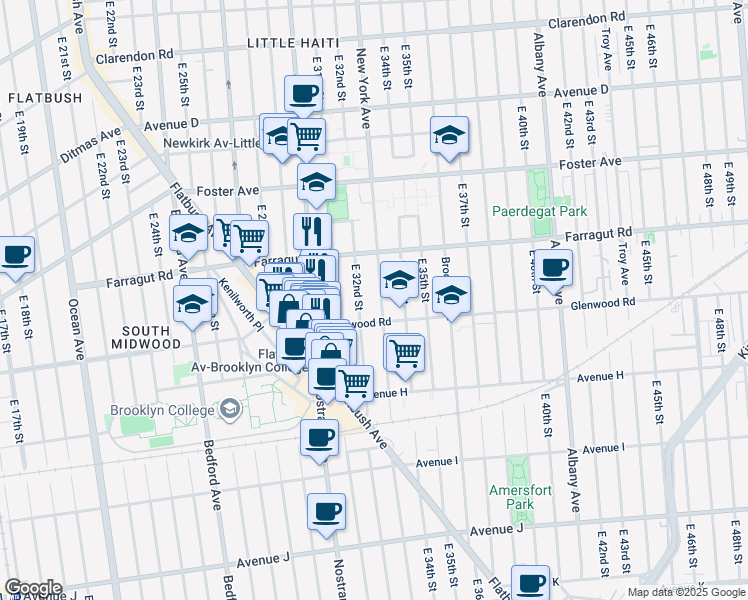 map of restaurants, bars, coffee shops, grocery stores, and more near 653 East 32nd Street in Brooklyn