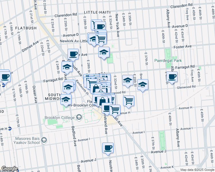 map of restaurants, bars, coffee shops, grocery stores, and more near 654 East 31st Street in Brooklyn
