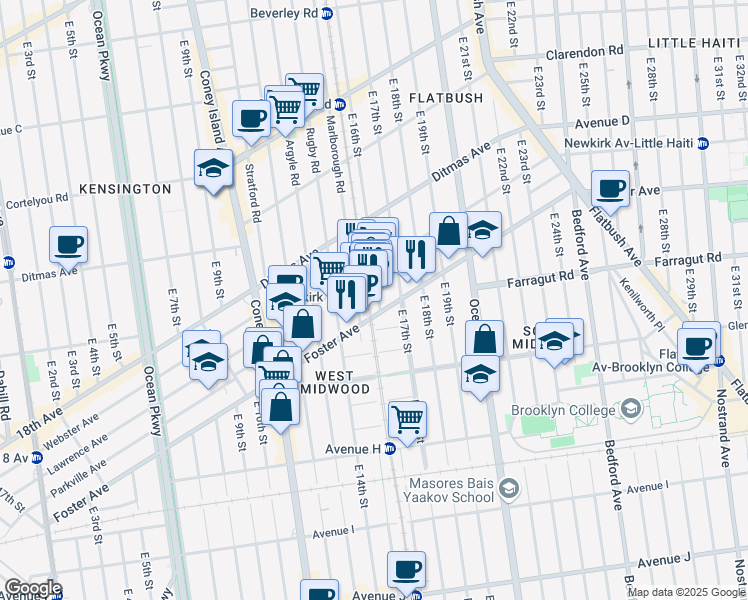 map of restaurants, bars, coffee shops, grocery stores, and more near 1611 Foster Avenue in Brooklyn