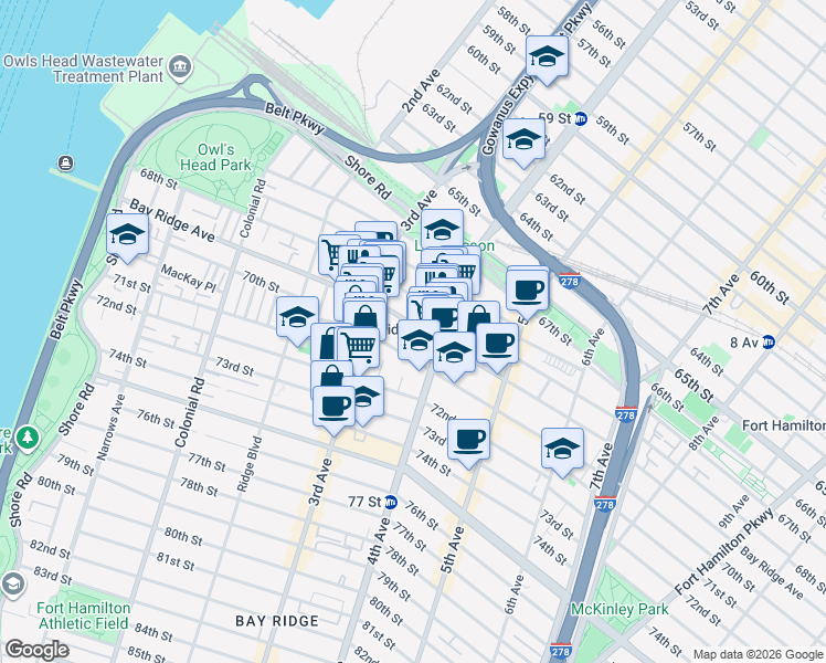 map of restaurants, bars, coffee shops, grocery stores, and more near 342 Bay Ridge Avenue in Brooklyn