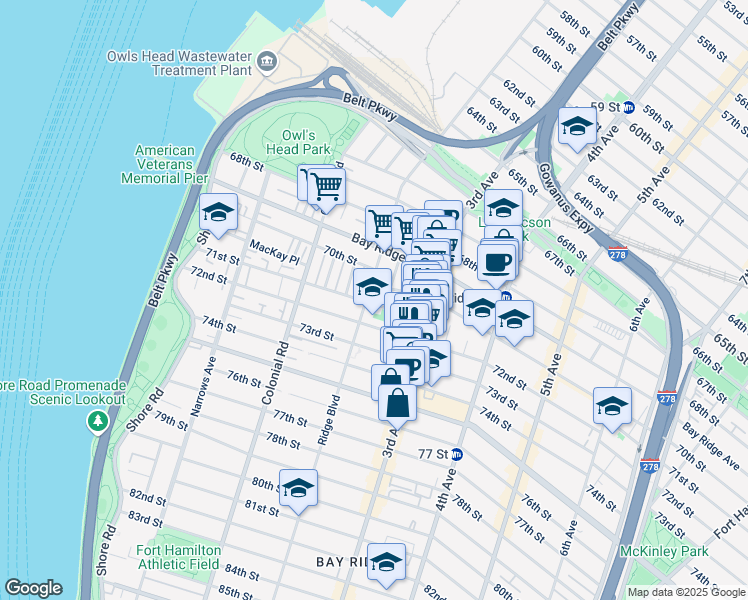 map of restaurants, bars, coffee shops, grocery stores, and more near 189 71st Street in Brooklyn