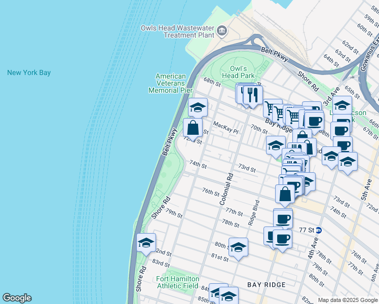 map of restaurants, bars, coffee shops, grocery stores, and more near 7243 Shore Road in Brooklyn