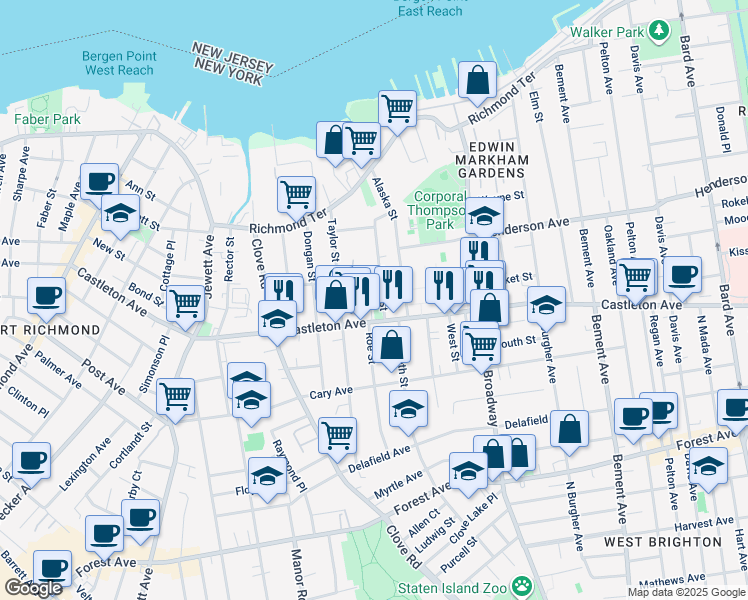 map of restaurants, bars, coffee shops, grocery stores, and more near 89 Barker Street in Staten Island