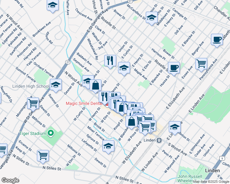 map of restaurants, bars, coffee shops, grocery stores, and more near 45 East Henry Street in Linden