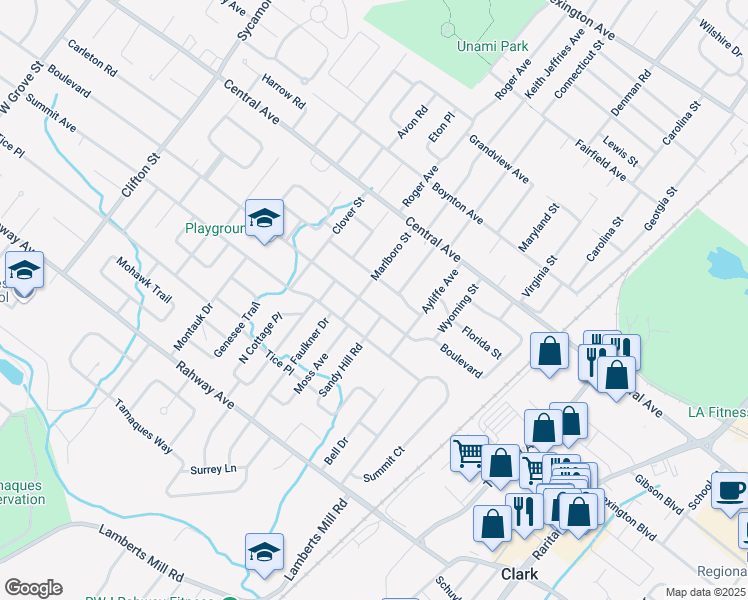 map of restaurants, bars, coffee shops, grocery stores, and more near 1505 Boulevard in Westfield