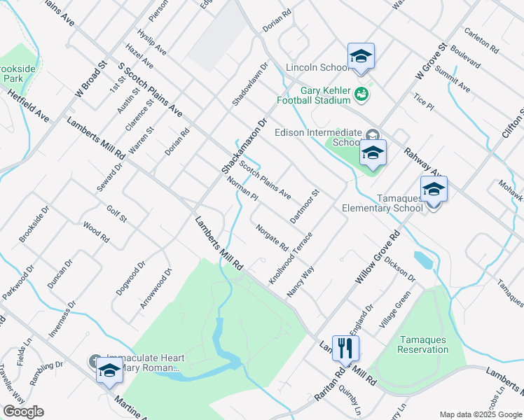 map of restaurants, bars, coffee shops, grocery stores, and more near 752 Norman Place in Westfield