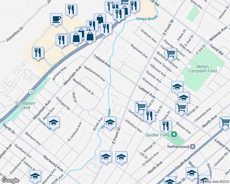map of restaurants, bars, coffee shops, grocery stores, and more near 34 Netherwood Avenue in Plainfield