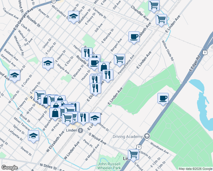 map of restaurants, bars, coffee shops, grocery stores, and more near 559 Pennsylvania Avenue in Linden