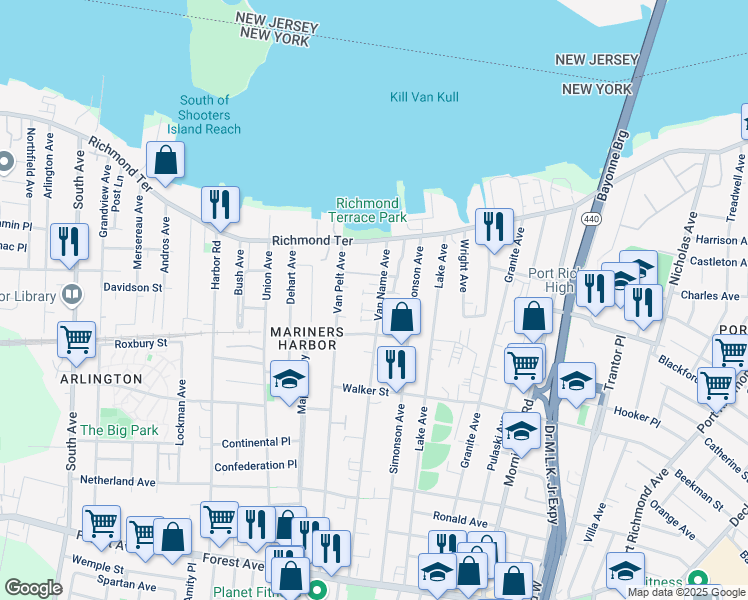 map of restaurants, bars, coffee shops, grocery stores, and more near 72 Van Name Avenue in Staten Island