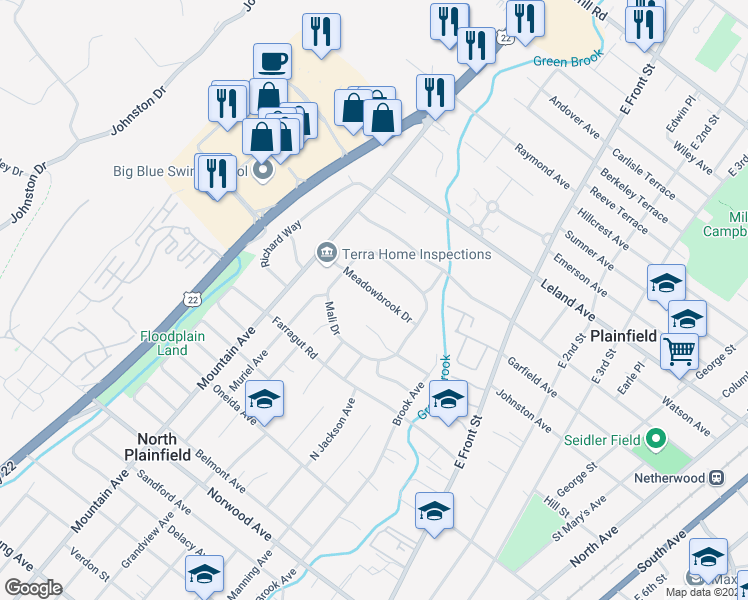 map of restaurants, bars, coffee shops, grocery stores, and more near 157 Meadowbrook Drive in North Plainfield