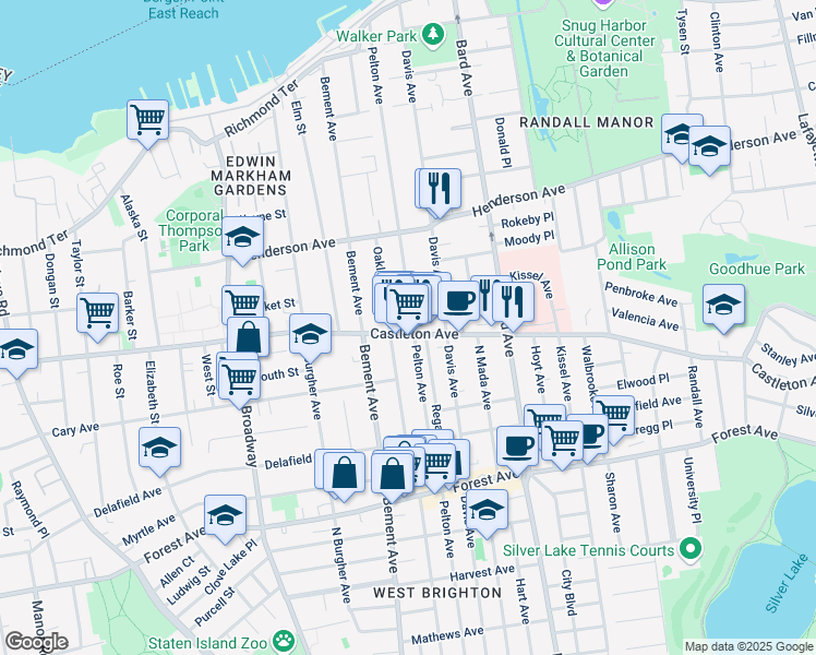 map of restaurants, bars, coffee shops, grocery stores, and more near 845 Castleton Avenue in Staten Island