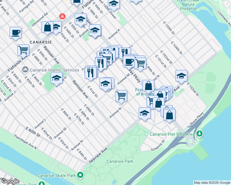 map of restaurants, bars, coffee shops, grocery stores, and more near 9308 Avenue M in Brooklyn