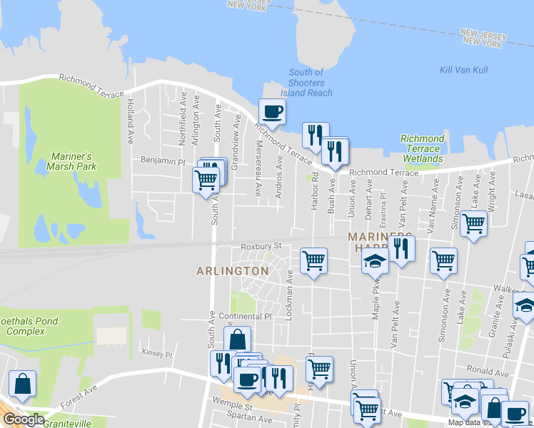 map of restaurants, bars, coffee shops, grocery stores, and more near 46 Davidson Street in Staten Island