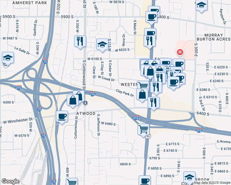 map of restaurants, bars, coffee shops, grocery stores, and more near 117 Clay Park Drive in Murray