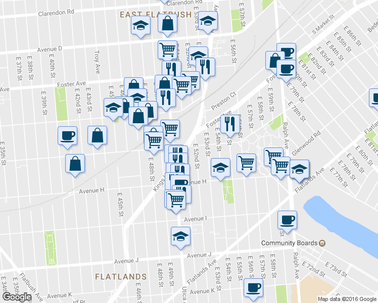 map of restaurants, bars, coffee shops, grocery stores, and more near 5040 Kings Hwy in Brooklyn