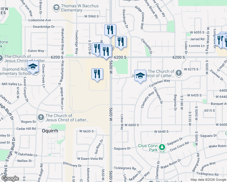 map of restaurants, bars, coffee shops, grocery stores, and more near 5583 Cornflower Circle in West Jordan