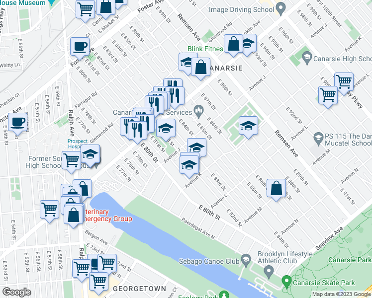 map of restaurants, bars, coffee shops, grocery stores, and more near 8218 Avenue J in Brooklyn