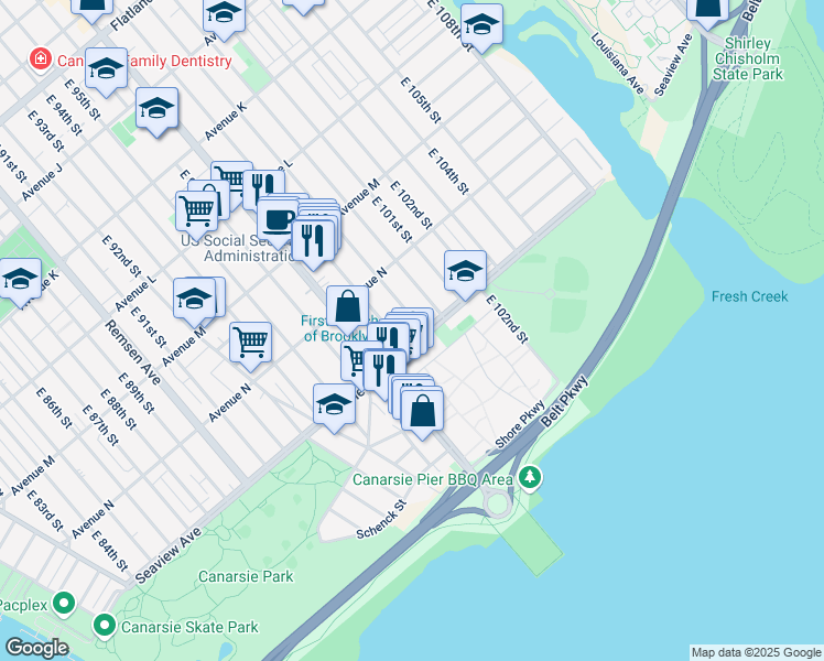 map of restaurants, bars, coffee shops, grocery stores, and more near 9823 Seaview Avenue in Brooklyn