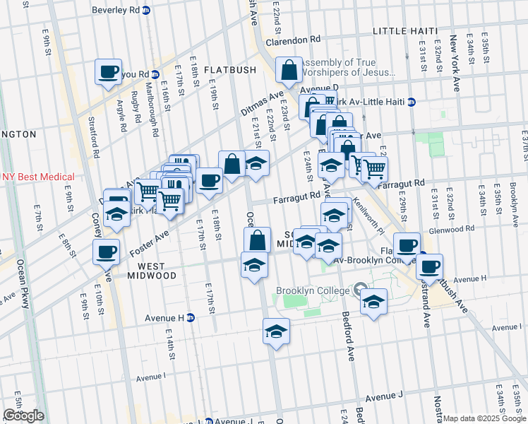 map of restaurants, bars, coffee shops, grocery stores, and more near 762 East 21st Street in Brooklyn