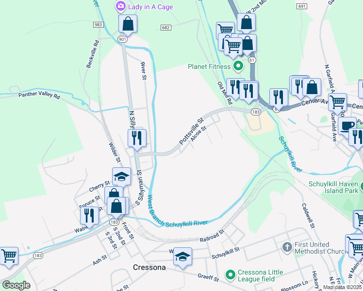 map of restaurants, bars, coffee shops, grocery stores, and more near 93 Pottsville Street in Cressona