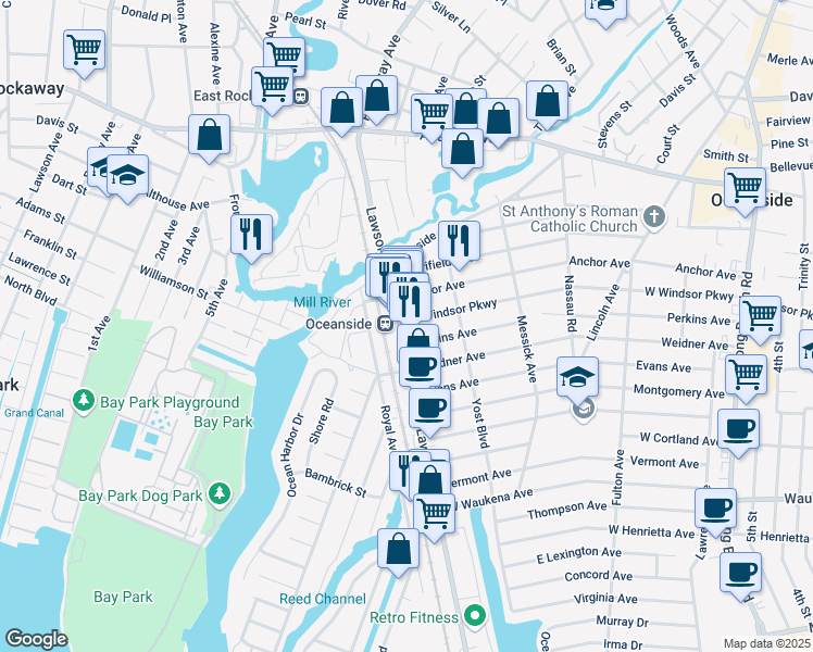 map of restaurants, bars, coffee shops, grocery stores, and more near in Oceanside