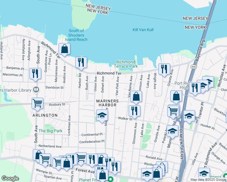 map of restaurants, bars, coffee shops, grocery stores, and more near 68 Van Pelt Avenue in Staten Island