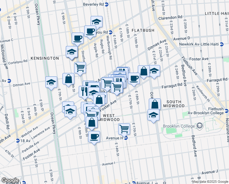 map of restaurants, bars, coffee shops, grocery stores, and more near 608 Marlborough Road in Brooklyn