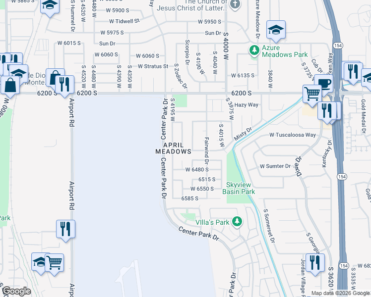 map of restaurants, bars, coffee shops, grocery stores, and more near 6399 April Meadows Dr in West Jordan