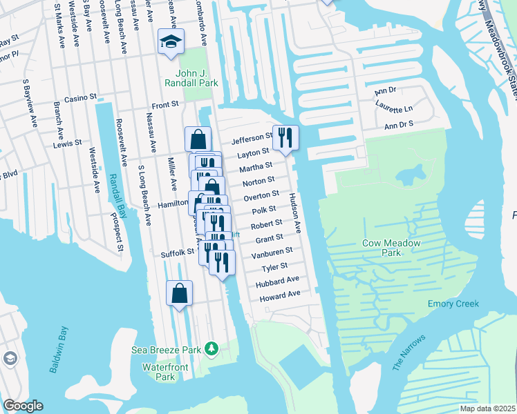 map of restaurants, bars, coffee shops, grocery stores, and more near 34 Polk Street in Freeport