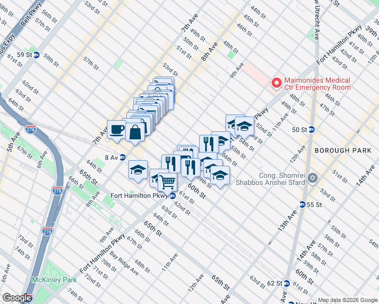 map of restaurants, bars, coffee shops, grocery stores, and more near 923 58th Street in Brooklyn