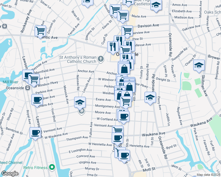 map of restaurants, bars, coffee shops, grocery stores, and more near 53 Perkins Avenue in Oceanside