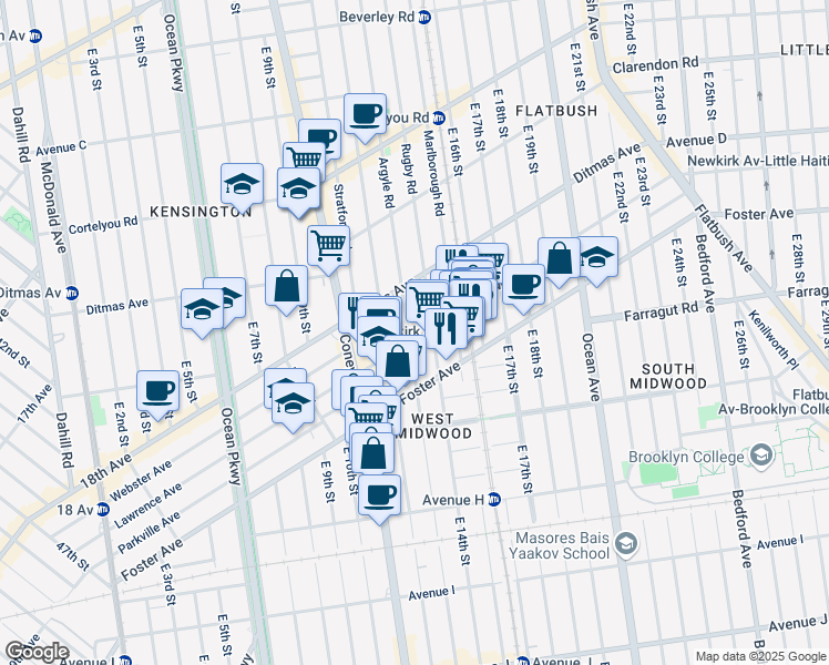 map of restaurants, bars, coffee shops, grocery stores, and more near 1301 Newkirk Avenue in Brooklyn