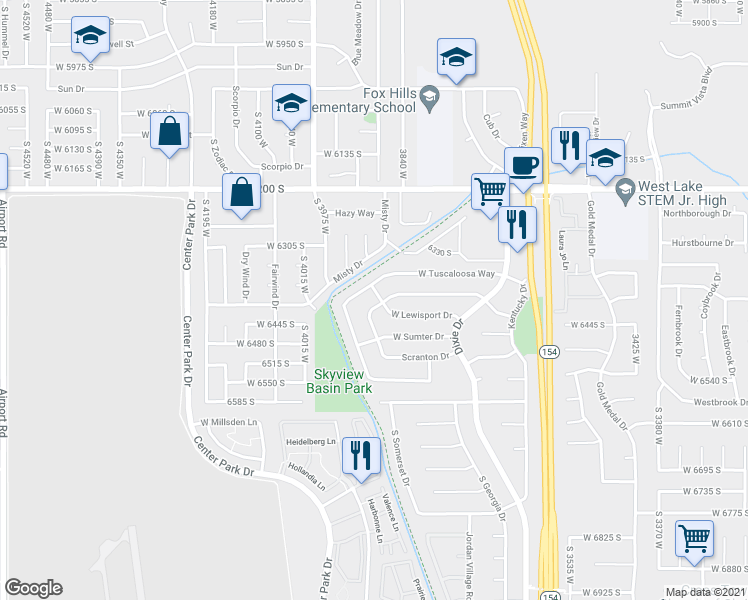 map of restaurants, bars, coffee shops, grocery stores, and more near 3890 West Lewisport Drive in West Jordan