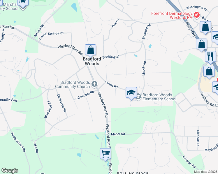 map of restaurants, bars, coffee shops, grocery stores, and more near in Bradford Woods