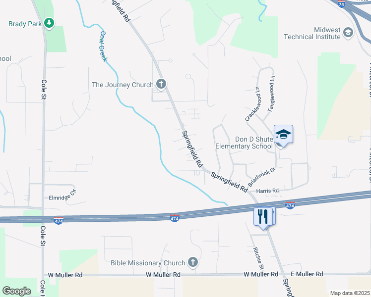 map of restaurants, bars, coffee shops, grocery stores, and more near 2322 Springfield Road in East Peoria