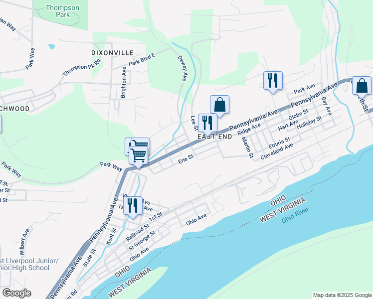 map of restaurants, bars, coffee shops, grocery stores, and more near 1240 Pennsylvania Avenue in East Liverpool