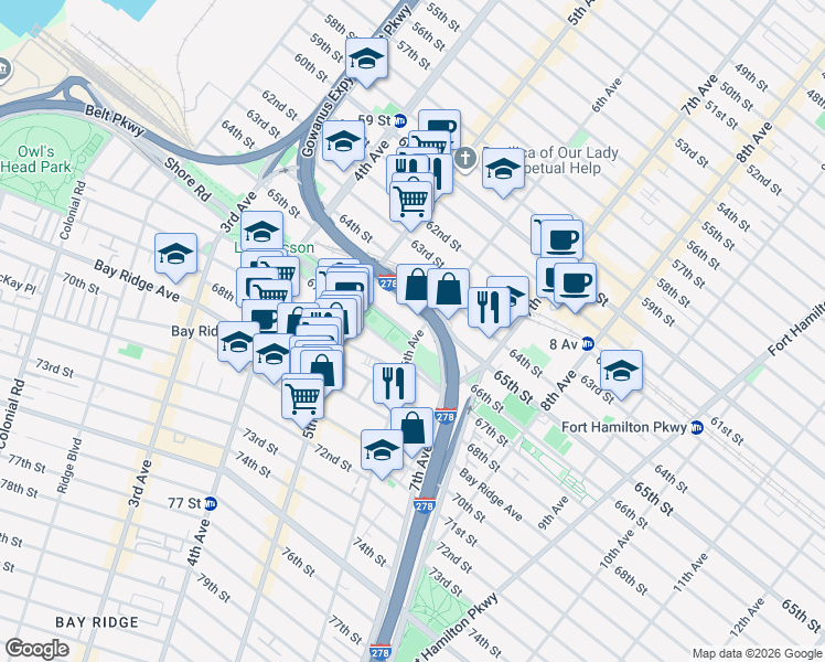 map of restaurants, bars, coffee shops, grocery stores, and more near 579 66th Street in Brooklyn