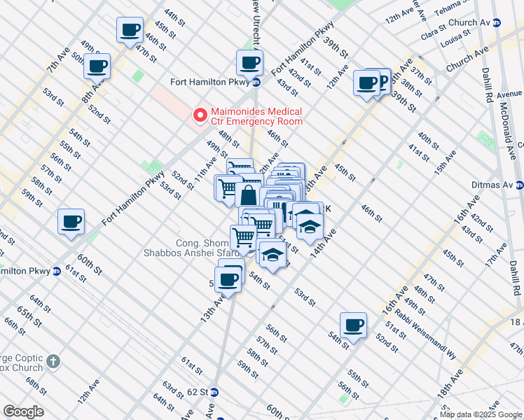 map of restaurants, bars, coffee shops, grocery stores, and more near 1255 50th Street in Brooklyn