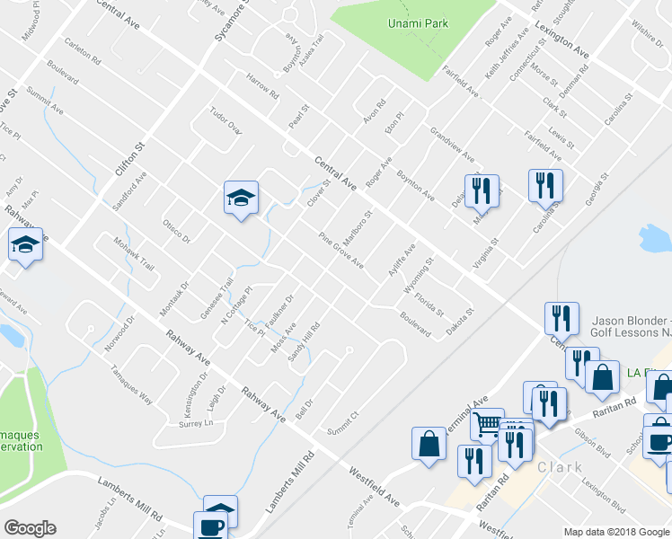 map of restaurants, bars, coffee shops, grocery stores, and more near 1505 Boulevard in Westfield